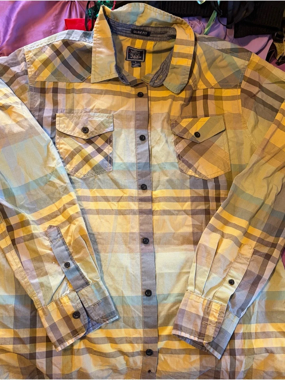 Men's Yellow Plaid Button-Down Shirt with Blue Accents